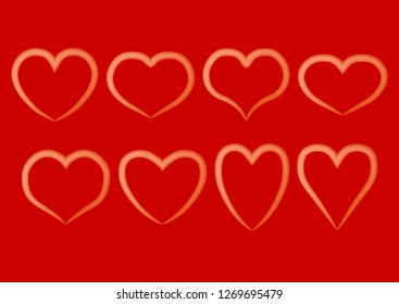 Vector set of isolated blurred outlines of hearts of different shape on a red background. Eps 10. White gradient lines.