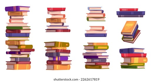 Vector set of isolated book stack cartoon illustration. Tall pile of textbook for school library collection. Literature for education side view. Stacked tower of dictionary and science publication.