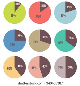 vector set of isolated bright pie diagrams:10%, 15%, 20%, 25%, 30%, 35%, 40%, 45%, 50%