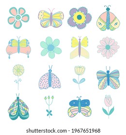Vector set of isolated butterflies and flowers in pastel colors. For invitations, greeting cards, template for decorative stickers, banner, decoration design, print, design page site, badges.