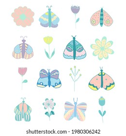 Conjunto vectorial de mariposas aisladas y flores en tonos pastel. Para invitaciones, tarjetas de felicitación, plantilla para pegatinas decorativas, banner, diseño de decoración, impresión, página de diseño, insignias.