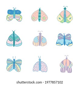 Vector set of isolated butterflies in pastel colors on white background. For invitations, greeting cards, template for decorative stickers, banner, decoration design, print, design page site, badges.