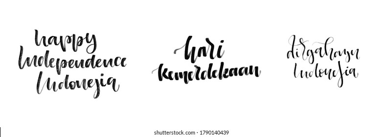 Vector set of isolated calligraphy logo of Indonesia Independence Day in Indonesian language for decoration and covering on the white background.