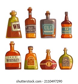Vector set of isolated cartoon bottles of alcohol. Bar menu. Colored illustration of vintage glass bottles with strong alcohol