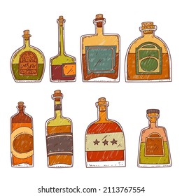 Vector set of isolated cartoon bottles. Bar menu. Contour illustration of vintage glass bottles with strong alcohol colored with scribbles. Doodle phials and vials and with blank labels