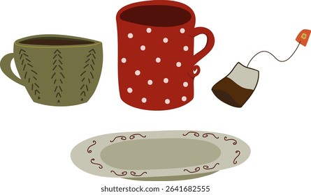 Vector set van geïsoleerde cartoon hete drank elementen, waaronder een groene mok, een rode stip mok, een theezakje, en een decoratieve plaat. Ideaal voor keuken, gezellig, of cafe-thema ontwerpen.
