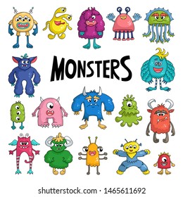 Vector set with isolated cartoon monsters on white background. Colored sketches for use in design
