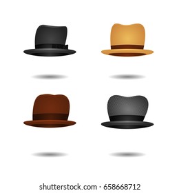 Vector set of isolated cartoon vintage fedora hats on the white background for photo decoration.