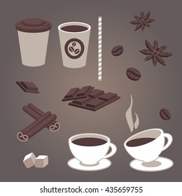 Vector set of isolated coffee items, coffee cups, pieces of chocolate, star anise, coffee beans, cinnamon, hot and cold drinks. Retro vintage design for cafe or restaurant menu. Coffee to go