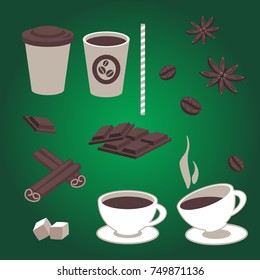 Vector set of isolated coffee items, coffee cups, pieces of chocolate, star anise, coffee beans, cinnamon, hot and cold drinks. Retro design for cafe or restaurant menu. Coffee to go