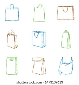 Vector Set of Isolated Color Sketch Shopping Bags Icons