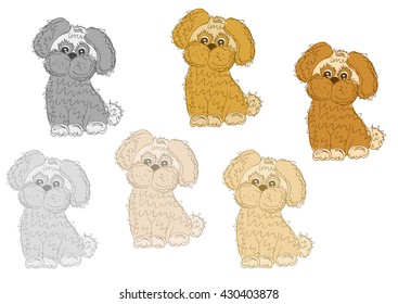 Vector set of isolated colored cartoon dogs in grayscale, beige and brown on a white background. Eps10.