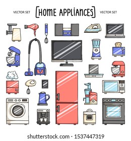 Vector set with isolated colored doodles of home appliances and electronics on white color. Home equipment