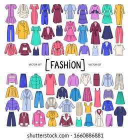 Vector set with isolated colored doodles of women's clothing, wear on white background. Set on the theme of beauty and fashion, women's wardrobe