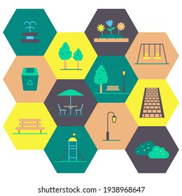 Vector set of isolated colorful icons on the theme of the improvement of the city park, playgrounds, local area. Design template for use on the site, in mobile applications.