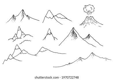 Vector set of isolated contour elements mountain peaks with a volcano are drawn by hand with a black line on a white background. mountain ranges side view simple doodle style drawing for design templa