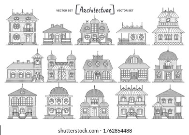 Vector set with isolated cozy houses. Detailed buildings on white background. Street exterior. Cartoon retro architecture for use in design