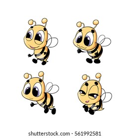 Vector set isolated cute bee. Collection funny bee in cartoon style. Little bee in different poses.