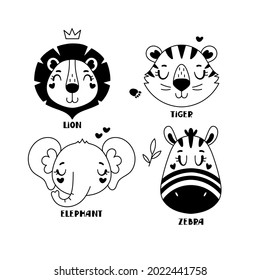 Vector set of isolated cute cartoon animals faces with text. Funny childrens card collection. Black and white, monochrome.