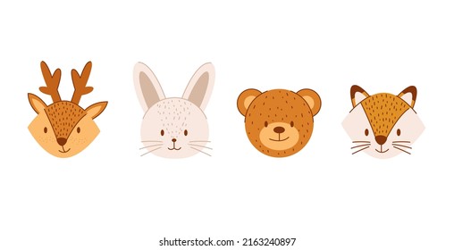 Vector set of isolated cute forest animal icons on the white background.