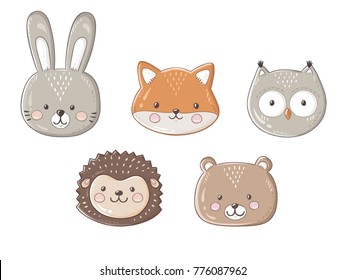 Vector set of isolated cute forest animal icons on the white background