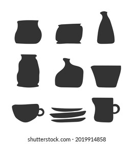 Vector set with isolated dark grey  icons of handmade ceramic dishes. Collection of hand drawn craft earthenware made in pottery wheel. Illustration includes vases, cup for tea, plates, jar, pot