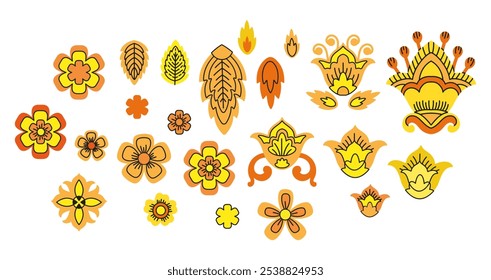 Conjunto de Vector de Elementos de diseño decorativos aislados. Flores, ramas, hojas, motivos florales ilustración en color. Elementos para tarjetas postales, impresión, lino, grabado, ropa, bordado y diseño de platos