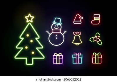 Conjunto vectorial de neón decorativo aislado luz del día de Navidad, decoración festiva brillante LED, elemento de diseño de festival colorido.