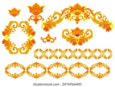 Vector set of isolated decorative ornaments with floral motifs. Silhouettes, borders color illustration. Elements for postcards, print, linen, engraving, clothes, embroidery and dishes design