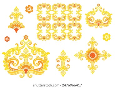Vector set of isolated decorative ornaments with floral motifs. Silhouettes, borders color illustration. Elements for postcards, print, linen, engraving, clothes, embroidery and dishes design