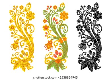 Vector set of isolated decorative ornaments with floral motifs. Flowers, branches and leaves color illustration. Elements for postcards, print, linen, engraving, clothes, embroidery and dishes design