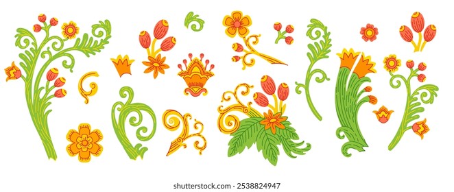 Vector set of isolated decorative ornaments with floral motifs. Flowers, branches and leaves color illustration. Elements for postcards, print, linen, engraving, clothes, embroidery and dishes design