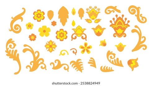 Vector set of isolated decorative ornaments with floral motifs. Flowers, branches and leaves color illustration. Elements for postcards, print, linen, engraving, clothes, embroidery and dishes design