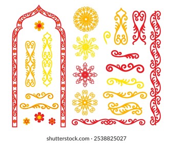Vector set of isolated decorative ornaments with floral motifs. Arch and swirl design elements color illustration. Elements for postcards, print, linen,engraving, clothes, embroidery and dishes design