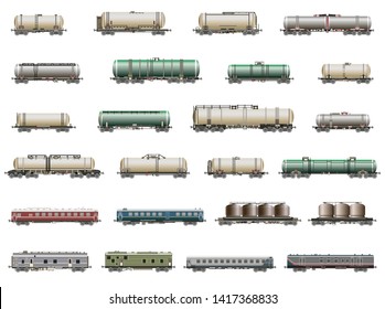 vector set of isolated detailed icons of  railway trains, railcars, wagons and vans