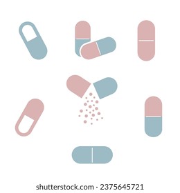 Vector set of isolated different capsules. Vitamins or medicines simple illustration. Medicament icon for web and mobile app