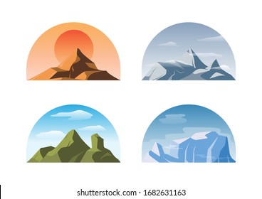 Vector set of isolated different mountains, flat vector collection on white background