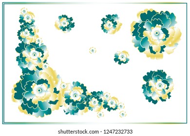 Vector set of Isolated different size gradient gilded blue and white flowers, corner floral layout and rectangular frame. Elements for design, cover page, banner, menu, poster, wedding invitation.