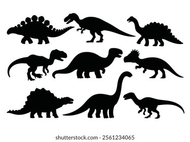 Vector set of isolated dinosaur silhouettes. Includes various prehistoric species in a simple black design. Perfect for educational materials, themed decorations, and creative projects.