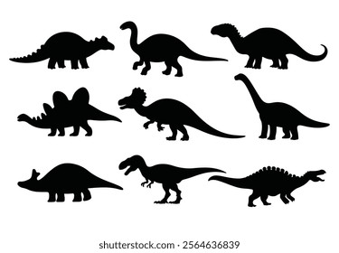 Vector set of isolated dinosaur silhouettes. Includes various prehistoric species in a simple black design. Perfect for educational materials, themed decorations, and creative projects.