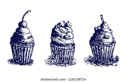 Vector set isolated doodle cupcakes sketch