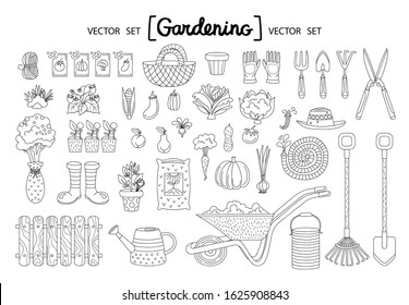 Vector set with isolated doodles on the  theme of garden, garden tools, agriculture, equipment, harvest. Flat symbols of gardening for use in design on white background