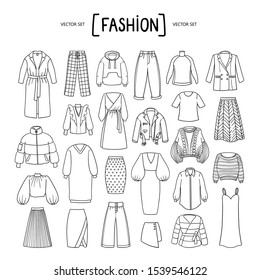 Vector set with isolated doodles of women's clothing on white background. Set on the theme of beauty and fashion