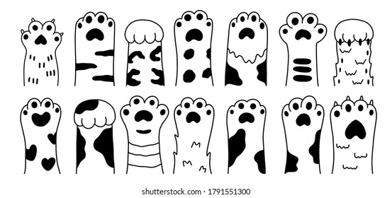 Vector set isolated drawings graphics black sketch paw pets on white background. Collection of various cute cartoon domestic animal foot isolated on white background. Funny fur pet dangerous claws