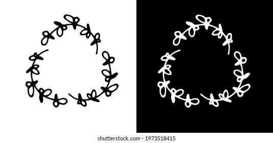 vector set is an isolated element of a triangular frame made of a small twig with leaves, drawn by hand in the doodle style with a black and white line on a contrasting background. triangular rounded 