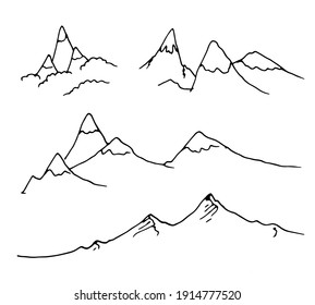 Vector set of isolated elements contour mountains with a black line on a white background. mountain range simple doodle style drawing for design template