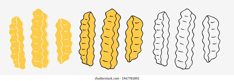 Vector set of isolated elements of corrugated French fries, hand-drawn in the sketch style with a black line and a yellow drawing, for a menu design template, signage, fast food packaging