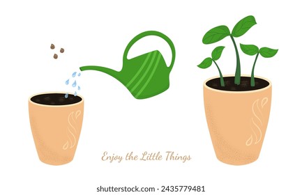 Vector set of isolated elements flower pot, seeds, watering can with water, young plants in the ground. Stages of growing seedlings in spring with copy space. Inscription enjoy the little things. 
