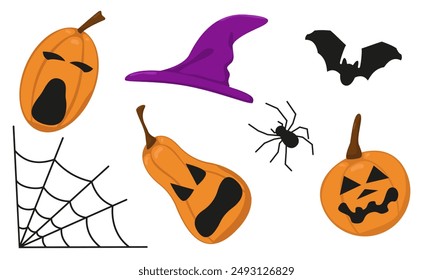 Vector conjunto de Elementos aislados para Halloween. Imagen en color de una calabaza con diferentes caras de miedo, una araña con un Web y un murciélago. Dibujos a mano espeluznantes sobre un fondo blanco. 