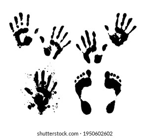 Vector set of isolated elements hand and foot prints. silhouettes of human hands and feet with splashes of black on a white background hand-drawn in ink for packaging design template, poster labels